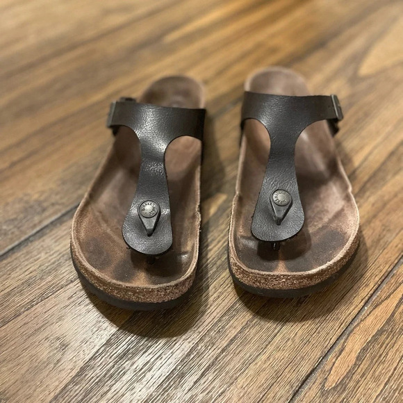 Birkenstock Gizeh Women’s Black Birko Flor T Strap Sandals Size 38 US 7 Hippie - Picture 2 of 12